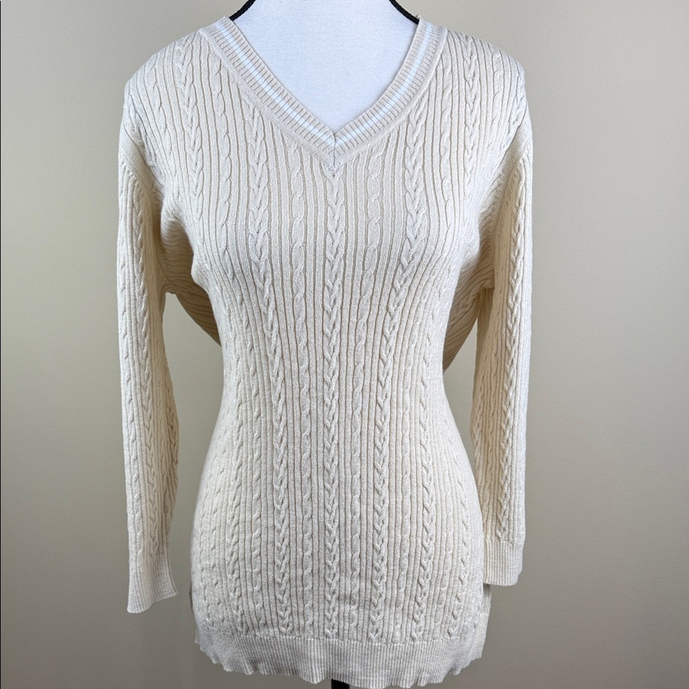 George Classics Sweater Cable Knit V-Neck Cream Long Sleeved Women's Size M